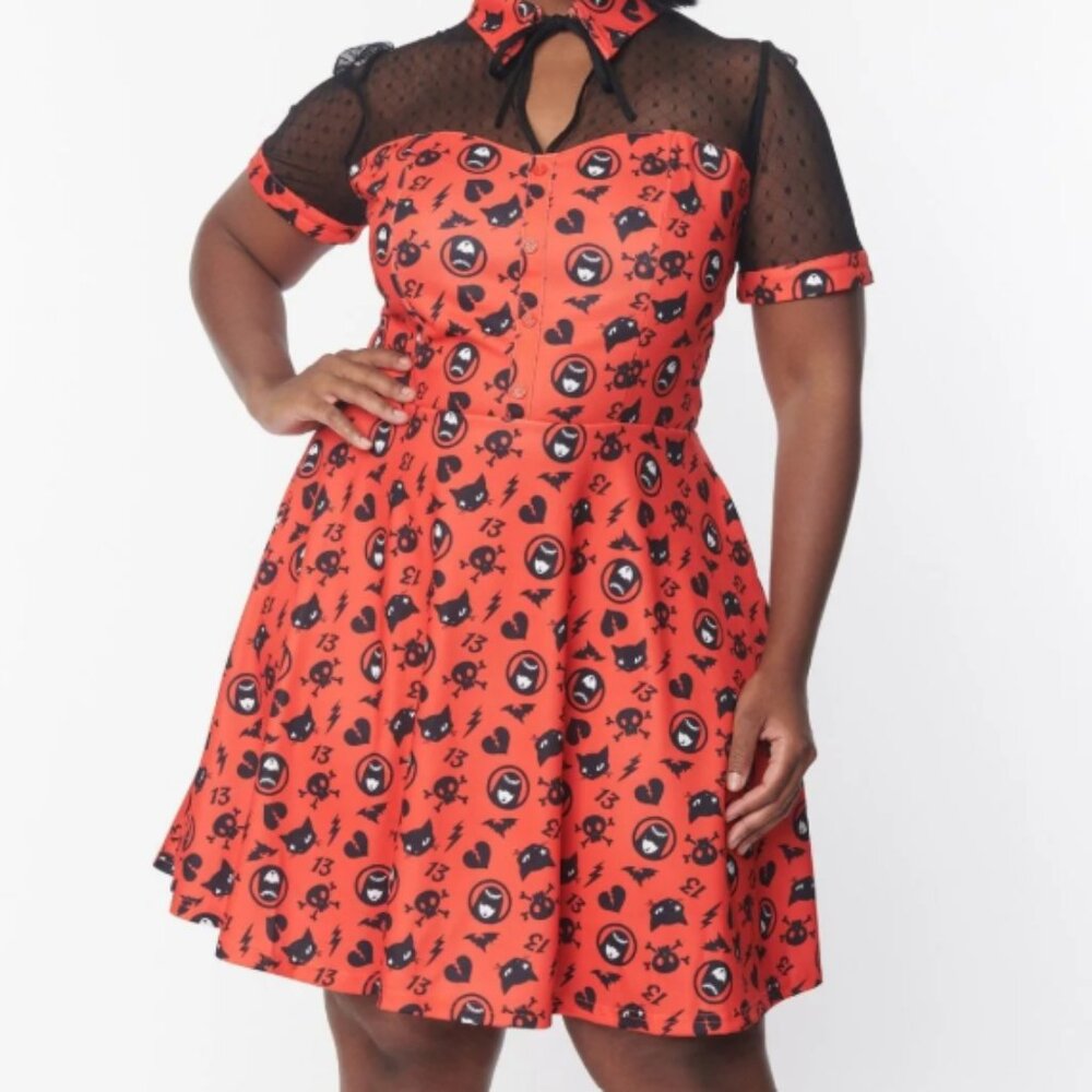 Emily The Strange x Unique Vintage Red & Black Mesh Fit & Flare Halloween Dress